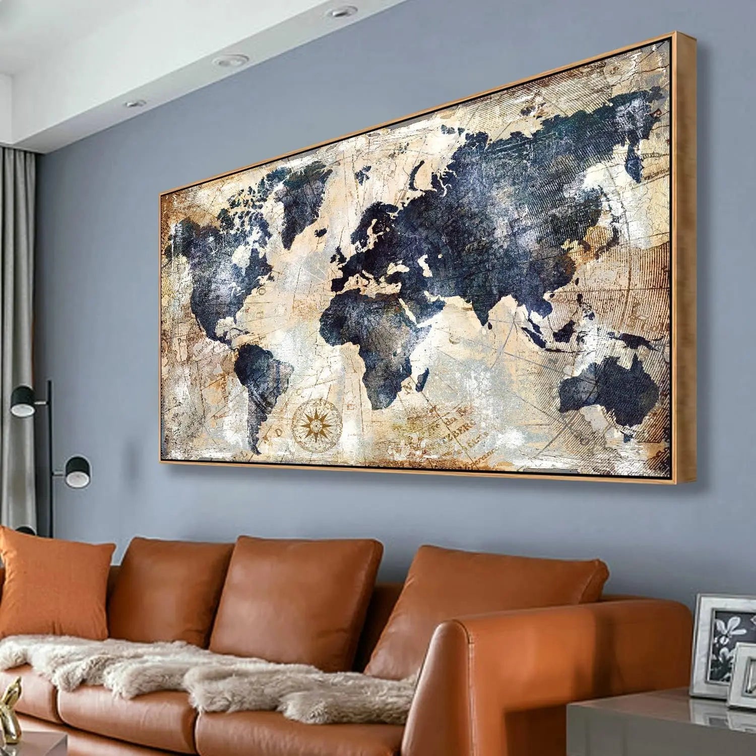 Framed World Map Wall Art Print Nautical Map Canvas Artwork for Home Office Decor Travel Memory Picture x inch Ready to Hang