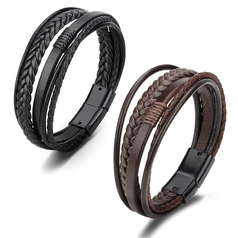 1pc Stylish Men's Braided Faux Leather Bracelet with Sleek Metal Buckle - Adjustable, Hand-Woven Multi-Layer Design for a Bold Look