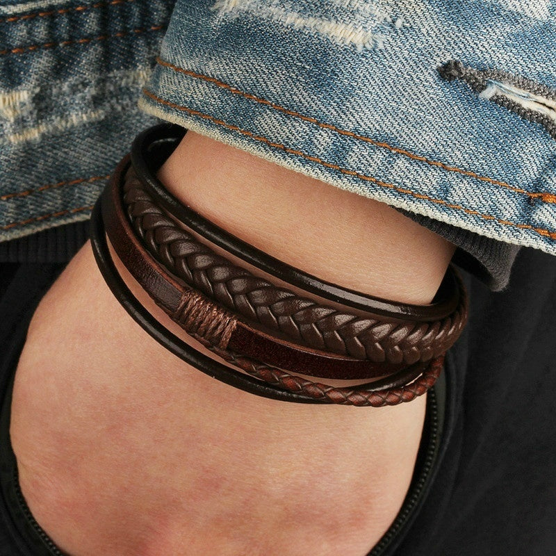 1pc Stylish Men's Braided Faux Leather Bracelet with Sleek Metal Buckle - Adjustable, Hand-Woven Multi-Layer Design for a Bold Look