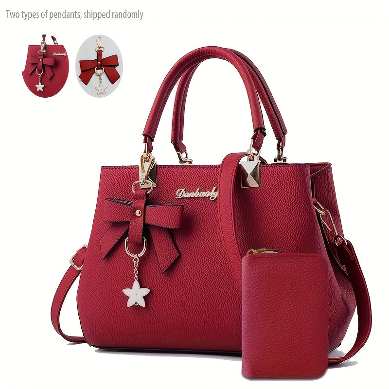 Chic Bow Decor Handbag for Women - Versatile Top Handle Satchel with Coin Purse, Adjustable Strap, And Zip Closure - Available in Khaki, Dark Pink, Light, - Synthetic Material with Acrylic Lining, Cute Handbag