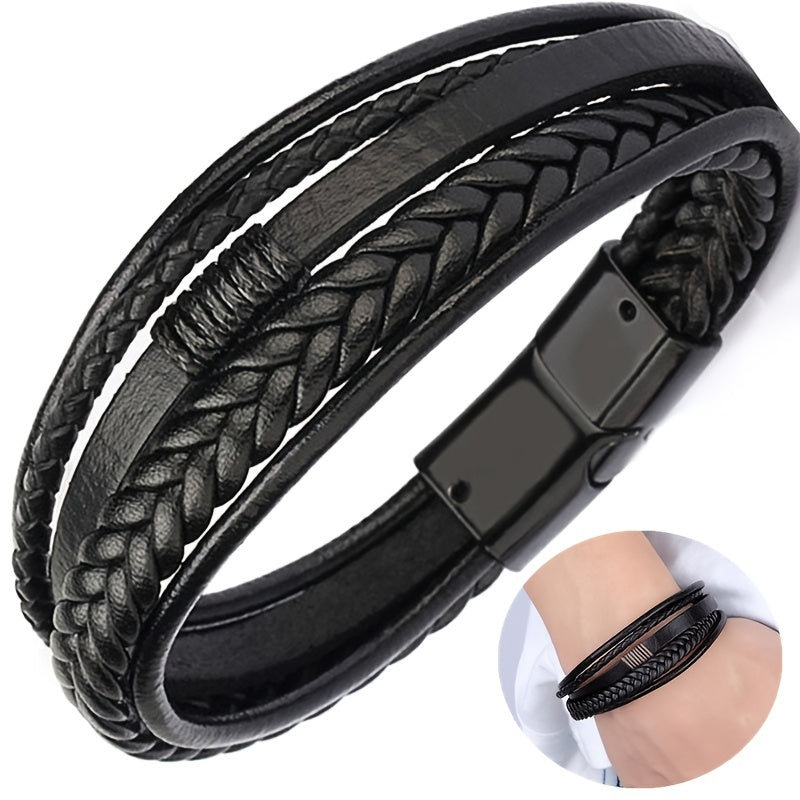 1pc Stylish Men's Braided Faux Leather Bracelet with Sleek Metal Buckle - Adjustable, Hand-Woven Multi-Layer Design for a Bold Look