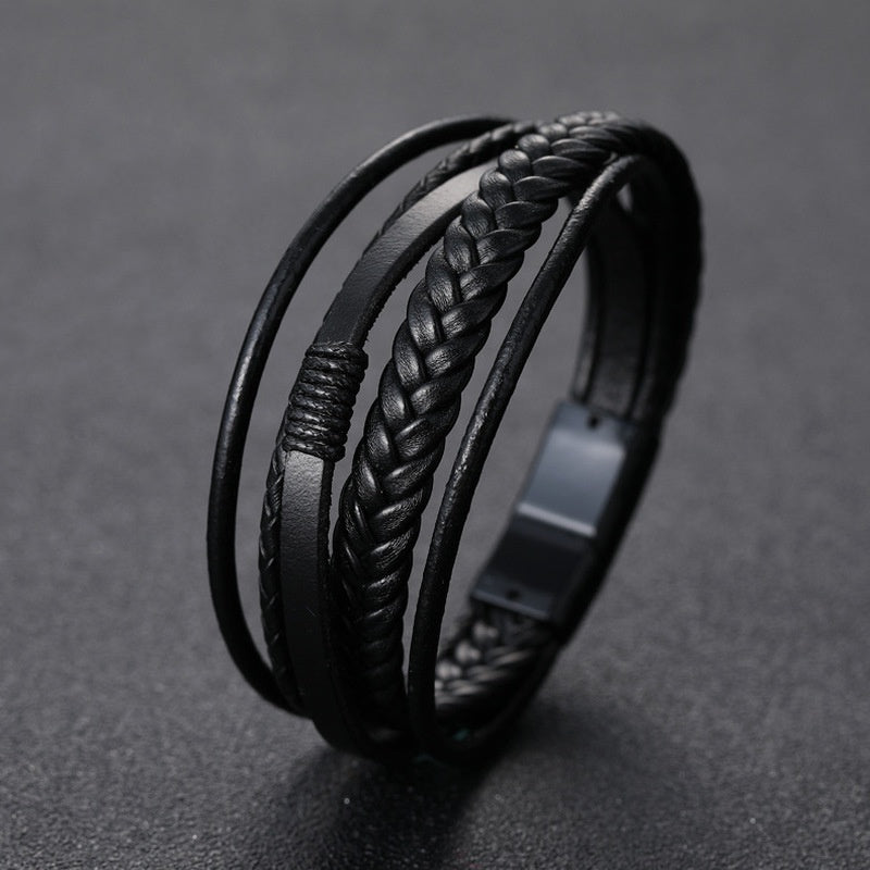 1pc Stylish Men's Braided Faux Leather Bracelet with Sleek Metal Buckle - Adjustable, Hand-Woven Multi-Layer Design for a Bold Look