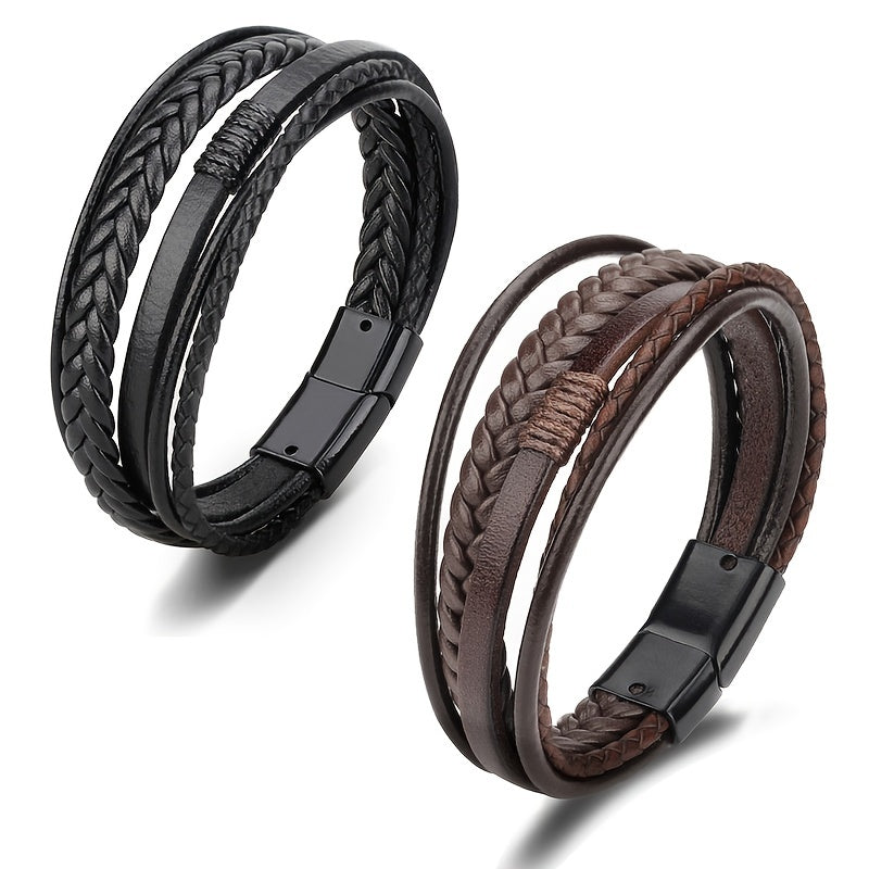 1pc Stylish Men's Braided Faux Leather Bracelet with Sleek Metal Buckle - Adjustable, Hand-Woven Multi-Layer Design for a Bold Look