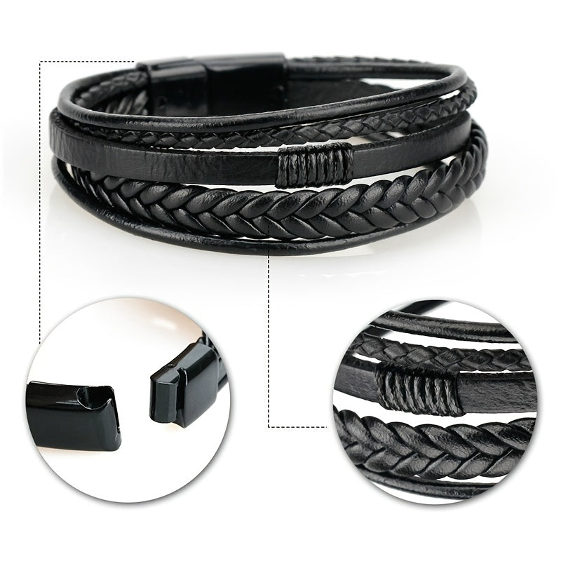 1pc Stylish Men's Braided Faux Leather Bracelet with Sleek Metal Buckle - Adjustable, Hand-Woven Multi-Layer Design for a Bold Look