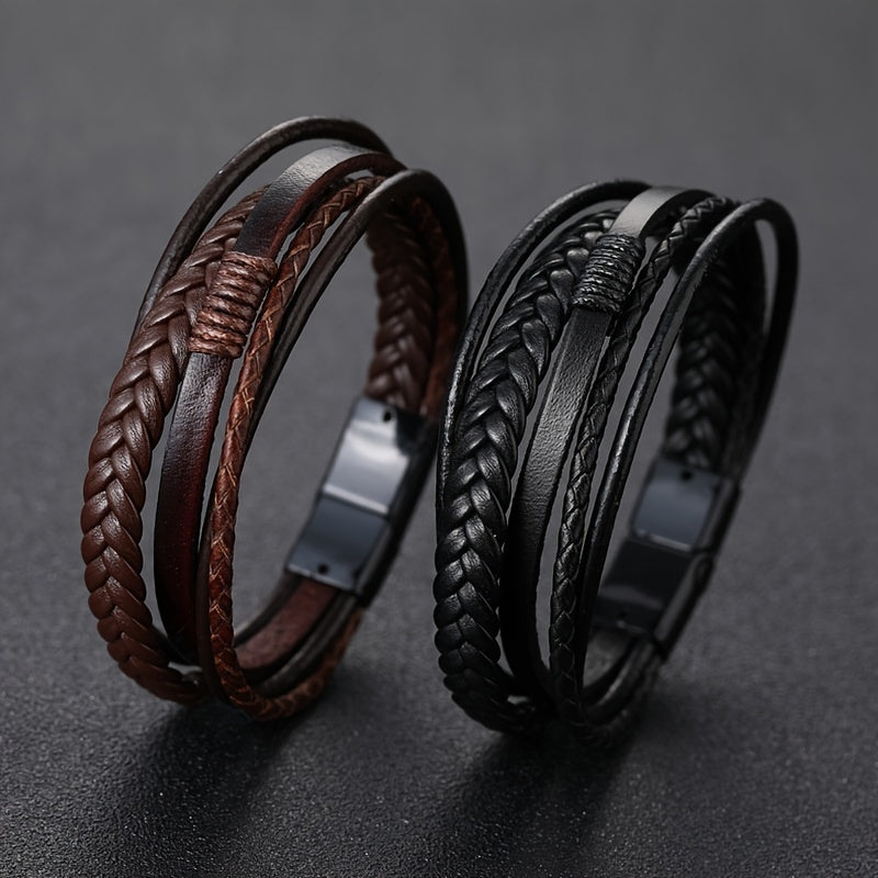 1pc Stylish Men's Braided Faux Leather Bracelet with Sleek Metal Buckle - Adjustable, Hand-Woven Multi-Layer Design for a Bold Look