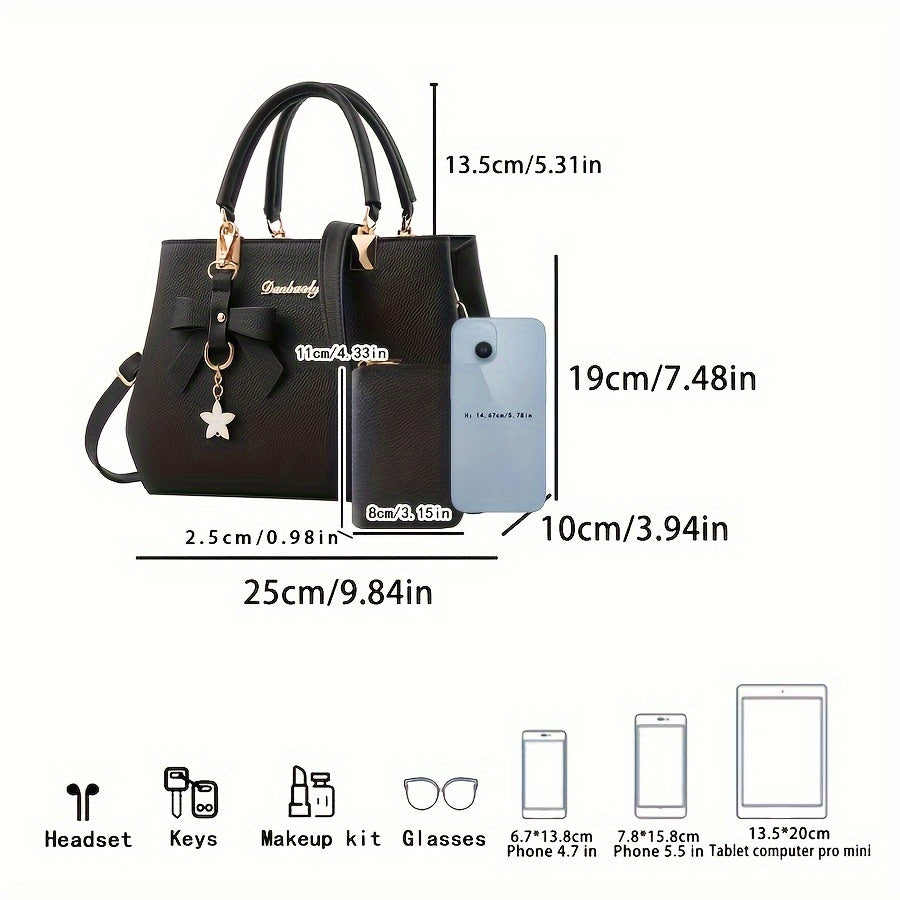 Chic Bow Decor Handbag for Women - Versatile Top Handle Satchel with Coin Purse, Adjustable Strap, And Zip Closure - Available in Khaki, Dark Pink, Light, - Synthetic Material with Acrylic Lining, Cute Handbag