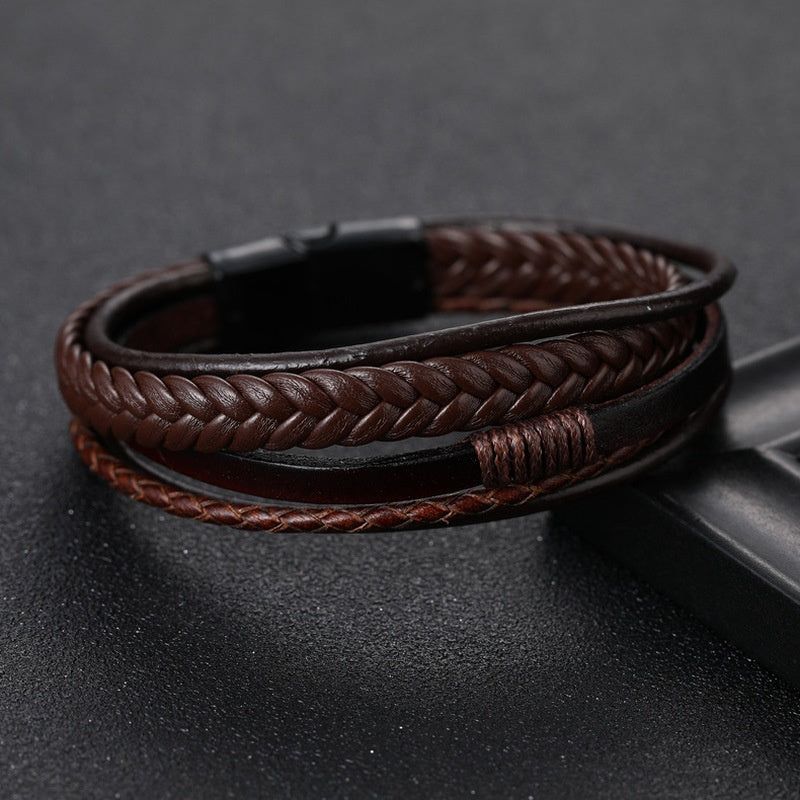1pc Stylish Men's Braided Faux Leather Bracelet with Sleek Metal Buckle - Adjustable, Hand-Woven Multi-Layer Design for a Bold Look
