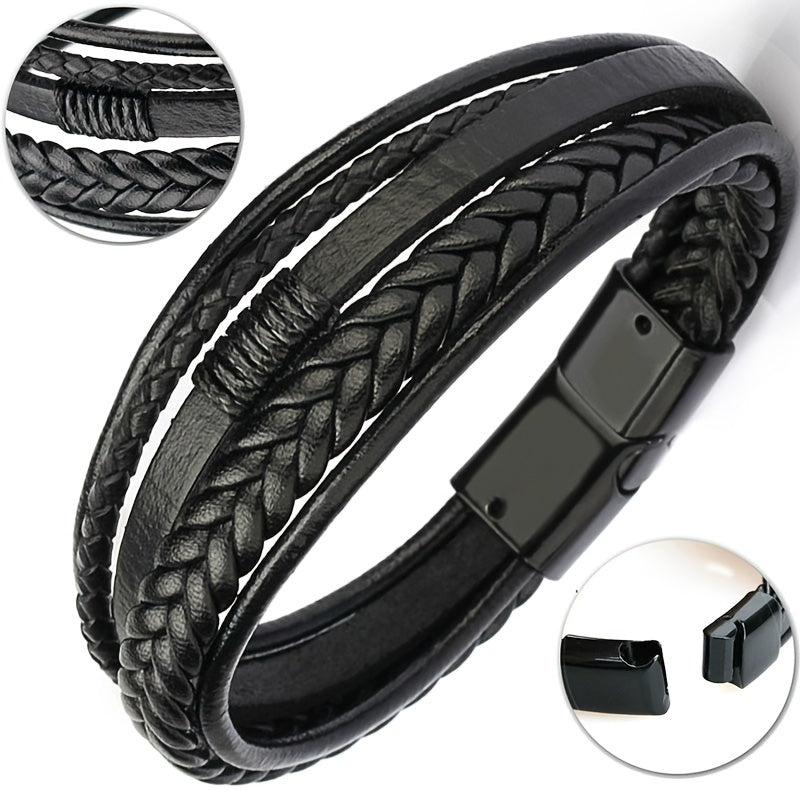 1pc Stylish Men's Braided Faux Leather Bracelet with Sleek Metal Buckle - Adjustable, Hand-Woven Multi-Layer Design for a Bold Look