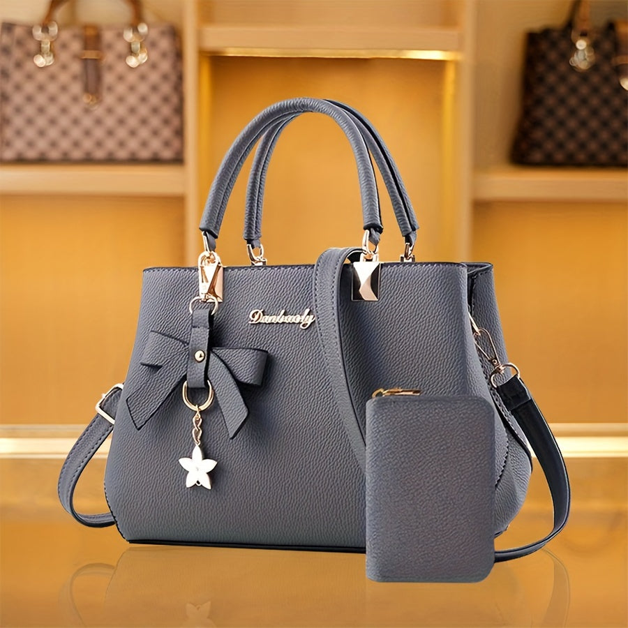 Chic Bow Decor Handbag for Women - Versatile Top Handle Satchel with Coin Purse, Adjustable Strap, And Zip Closure - Available in Khaki, Dark Pink, Light, - Synthetic Material with Acrylic Lining, Cute Handbag