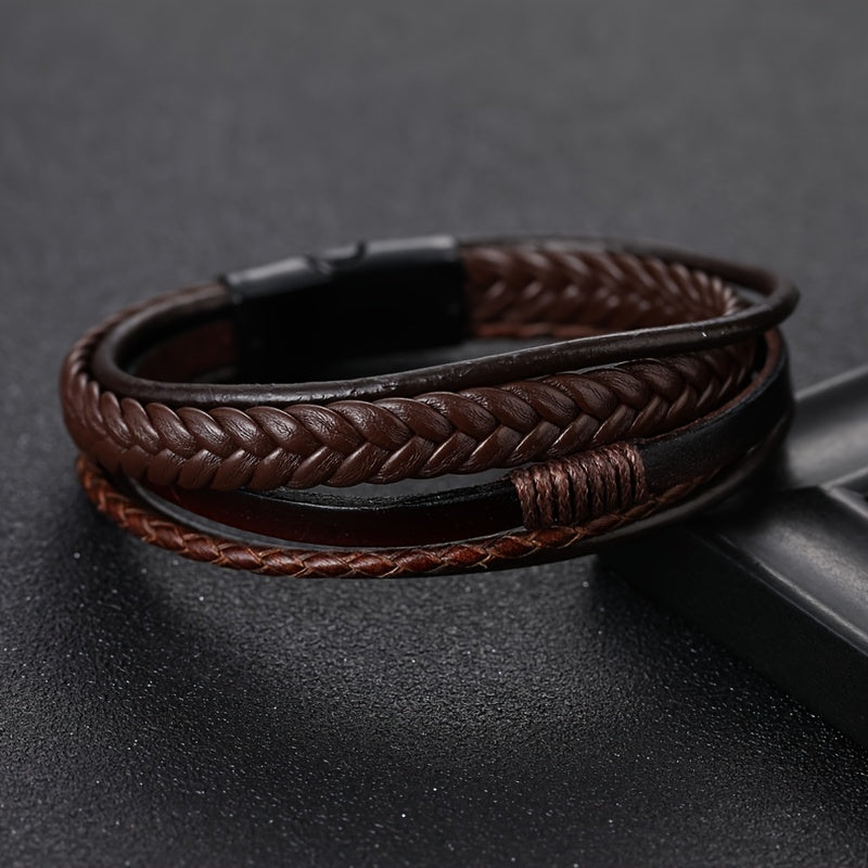 1pc Stylish Men's Braided Faux Leather Bracelet with Sleek Metal Buckle - Adjustable, Hand-Woven Multi-Layer Design for a Bold Look