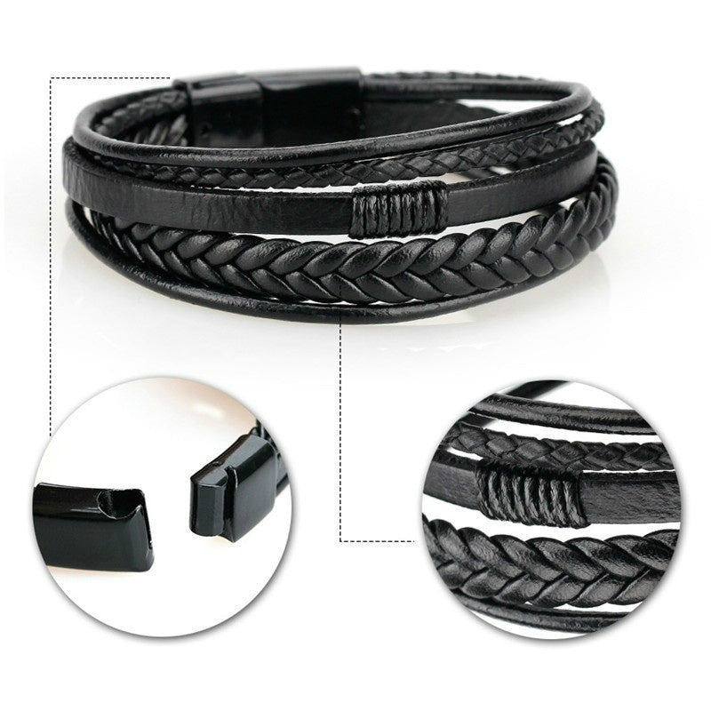 1pc Stylish Men's Braided Faux Leather Bracelet with Sleek Metal Buckle - Adjustable, Hand-Woven Multi-Layer Design for a Bold Look