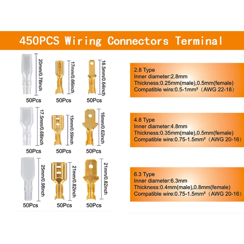 2.8/4.8/6.3mm Crimp Terminals Insulated Male and Female Wire Connector Electrical Wire Spade Connectors Insulated Sleeves Kit