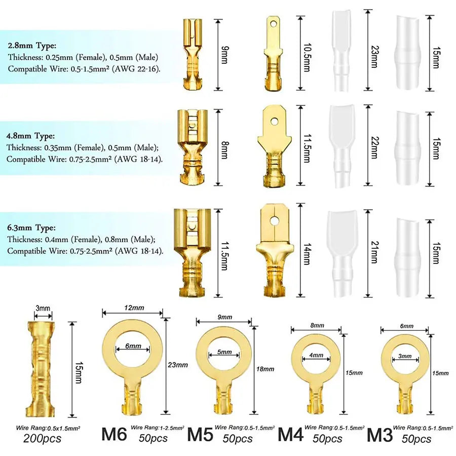 2.8/4.8/6.3mm Crimp Terminals Insulated Male and Female Wire Connector Electrical Wire Spade Connectors Insulated Sleeves Kit