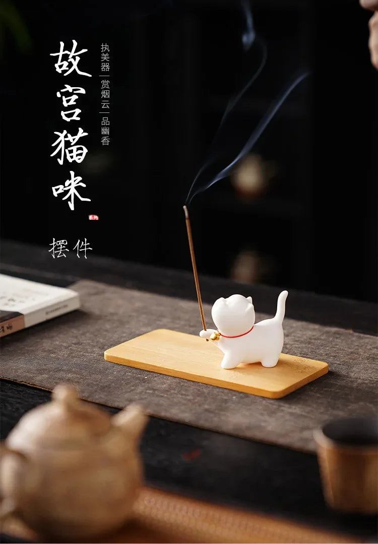 Cute Cat Buddhism Line Incense Plate Incense Burner Stick Holder Sandalwood Coil Base Temples Yoga Studios Home Decoration