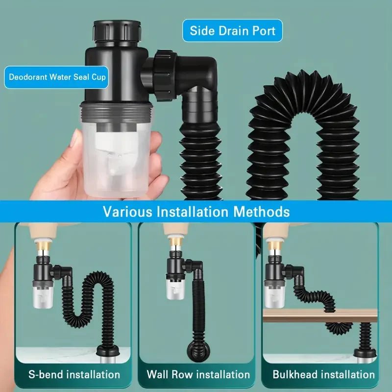 Universal Easy-Fit P-Trap: Leak-Proof, Expandable Sink Drain Set for Kitchen - Durable Plastic Design