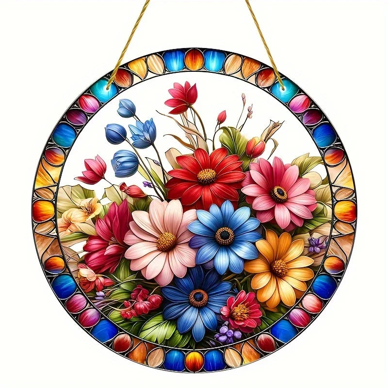 Flower Suncatcher, Stained Window Hanging, Acrylic Sign, Winter Decor, Round Sign, Wreath Sign, Wreath Center, Christmas Gift