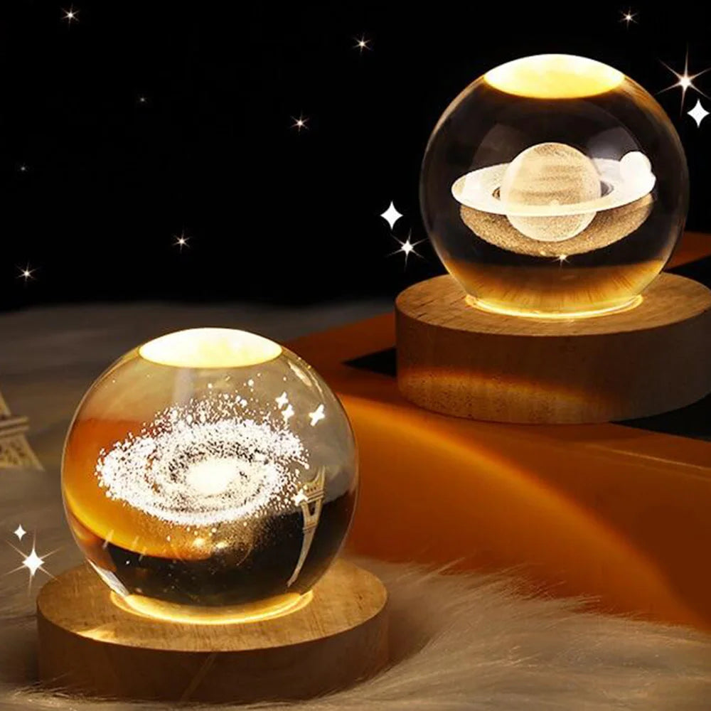 3D Crystal Ball Lamp Laser Engraved Galaxy Planet Moon Saturn LED Night Light Home Decor Valentine's Day Father's Day Gift