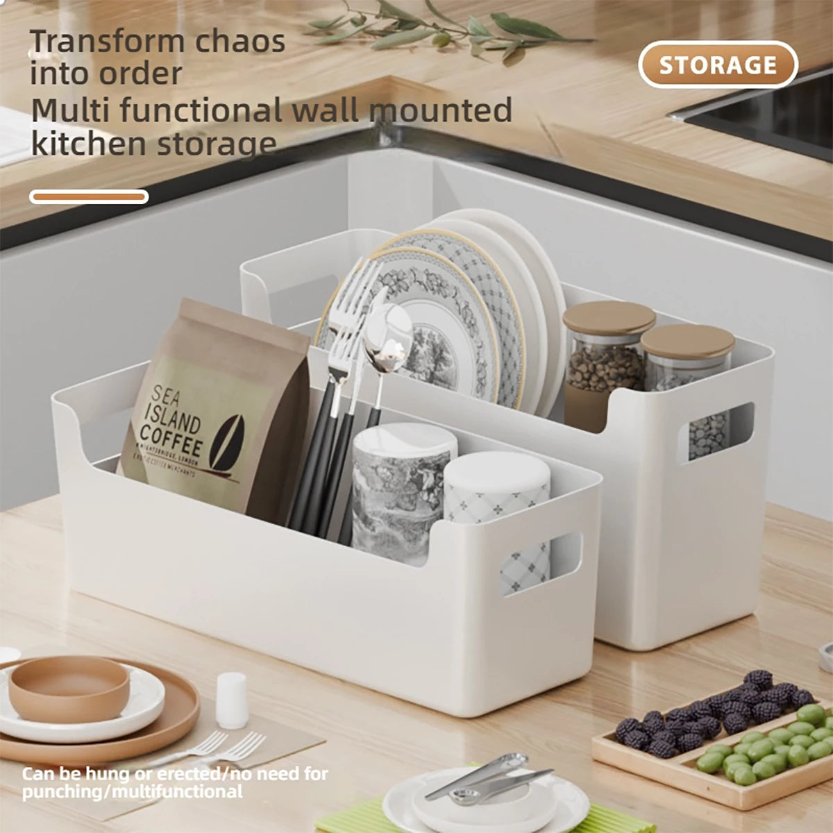 Minimalist White PP Wall-Mounted Storage Box - Self-Adhesive Cabinet Door Organizer for Kitchen, Space Saving Design (No Tools）