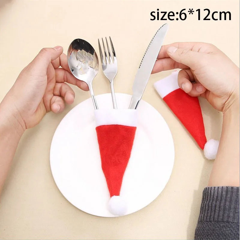 Pocket Christmas Cutlery Holder Santa Claus Knife Fork Christmas Tableware Wine Bottle Sleeves Cover Bag For Home Xmas Supplies