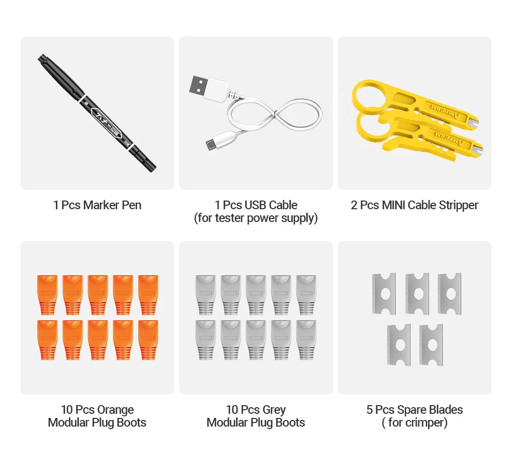 AMPCOM RJ45 Crimper Lan Tester Tool Set Ethernet Cable Stripper Punch Down Tool rj 45 rj11 Connectors 12 in 1 Cabling Repair Set