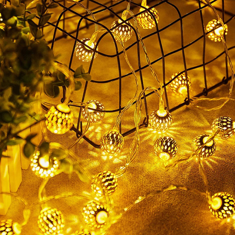 LED Iron Moroccan Ball Lamp String, Battery Lamp String, White Yellow Color, Christmas Decoration Supplies