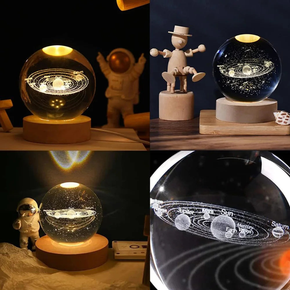 3D Crystal Ball Lamp Laser Engraved Galaxy Planet Moon Saturn LED Night Light Home Decor Valentine's Day Father's Day Gift