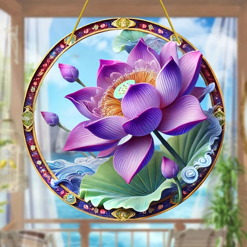 Flower Suncatcher, Stained Window Hanging, Acrylic Sign, Winter Decor, Round Sign, Wreath Sign, Wreath Center, Christmas Gift