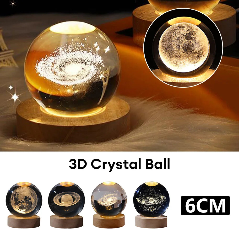 3D Crystal Ball Lamp Laser Engraved Galaxy Planet Moon Saturn LED Night Light Home Decor Valentine's Day Father's Day Gift