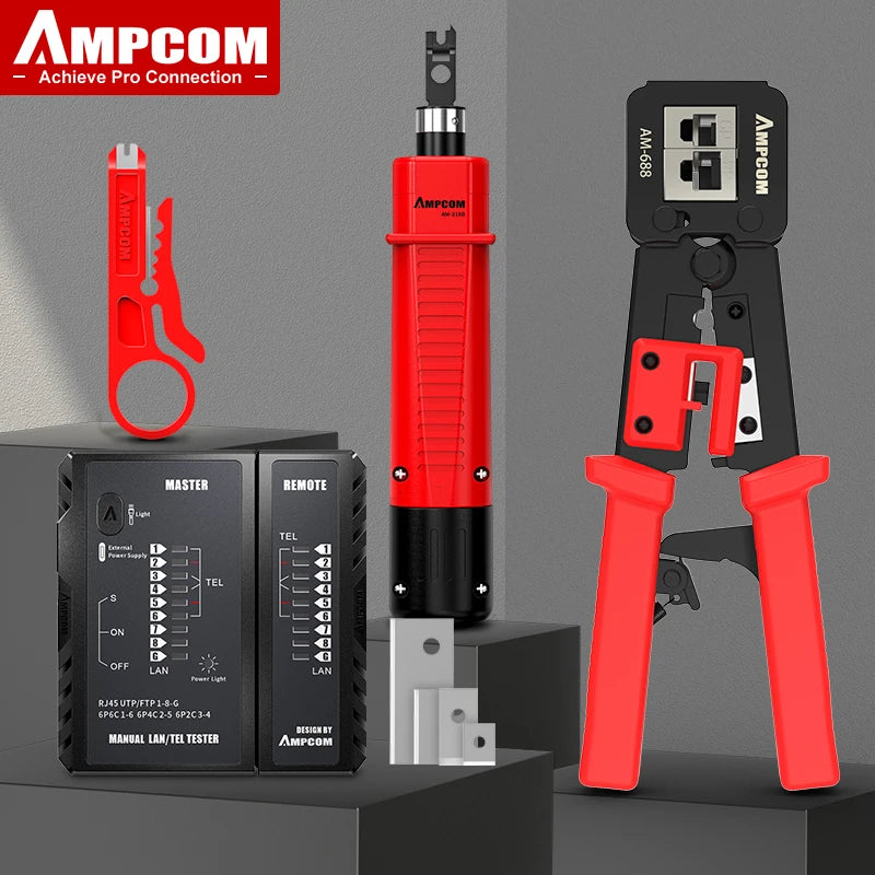 AMPCOM RJ45 Crimper Lan Tester Tool Set Ethernet Cable Stripper Punch Down Tool rj 45 rj11 Connectors 12 in 1 Cabling Repair Set