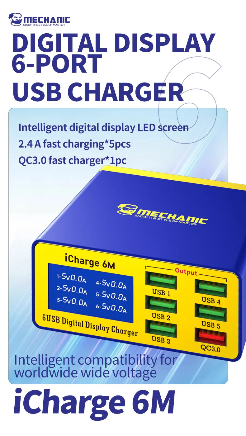 MECHANIC iCharge 6M USB 6-port charger fast charge smart digital display multi-port porous for iphone xiaomi mobile phone tablet