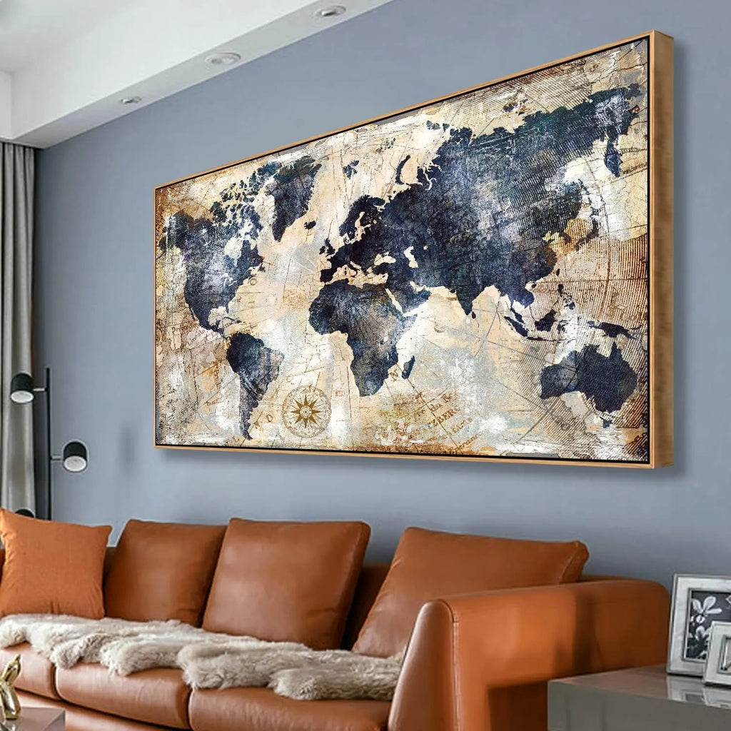 Framed World Map Wall Art Print  Nautical Map Canvas Artwork for Home  Office Decor Travel Memory Picture x inch Ready to Hang