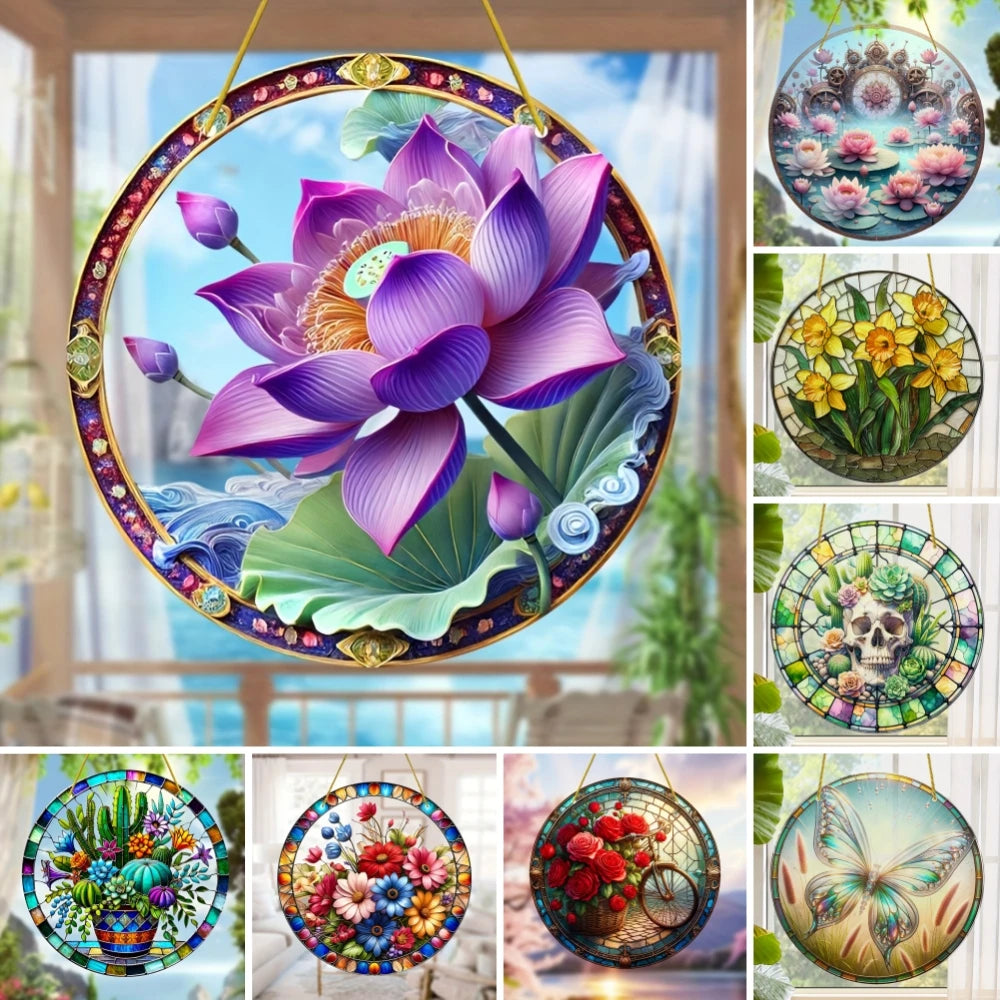 Flower Suncatcher, Stained Window Hanging, Acrylic Sign, Winter Decor, Round Sign, Wreath Sign, Wreath Center, Christmas Gift