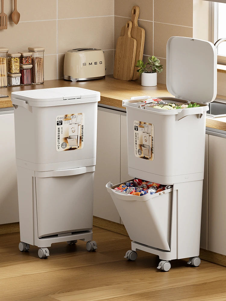 Kitchen Tra Can Large Capaci Double Layer Pr pe with Cover Wet And Dry Separation Mobile No Bending Waste Bin