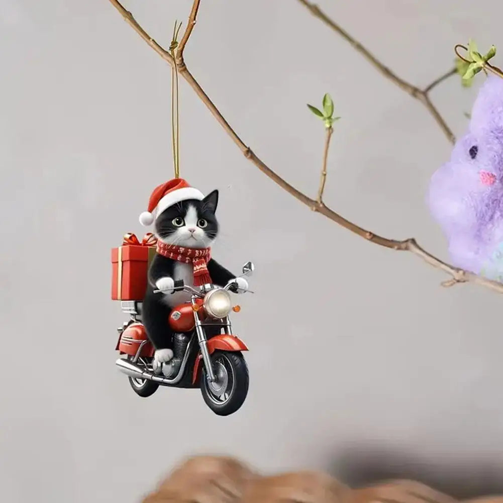 Motorcycle Cat Acrylic Hanging Decoration Christmas Tree Car 2D Flat Riding Kitten Hanging Ornament Cartoon Pendant For Christma