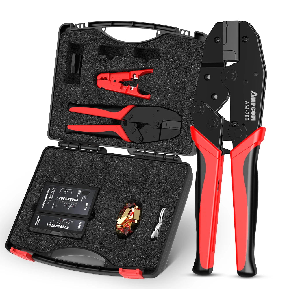 AMPCOM RJ45 Crimper Lan Tester Tool Set Ethernet Cable Stripper Punch Down Tool rj 45 rj11 Connectors 12 in 1 Cabling Repair Set