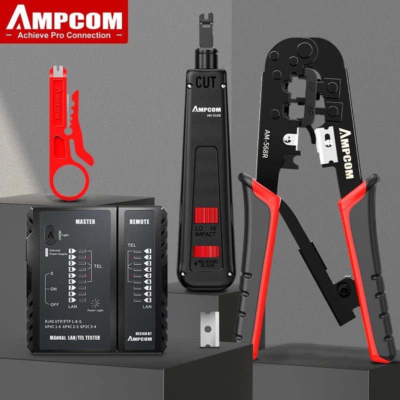 AMPCOM RJ45 Crimper Lan Tester Tool Set Ethernet Cable Stripper Punch Down Tool rj 45 rj11 Connectors 12 in 1 Cabling Repair Set