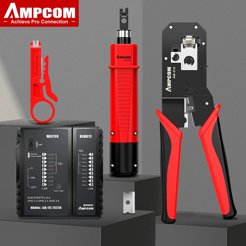 AMPCOM RJ45 Crimper Lan Tester Tool Set Ethernet Cable Stripper Punch Down Tool rj 45 rj11 Connectors 12 in 1 Cabling Repair Set