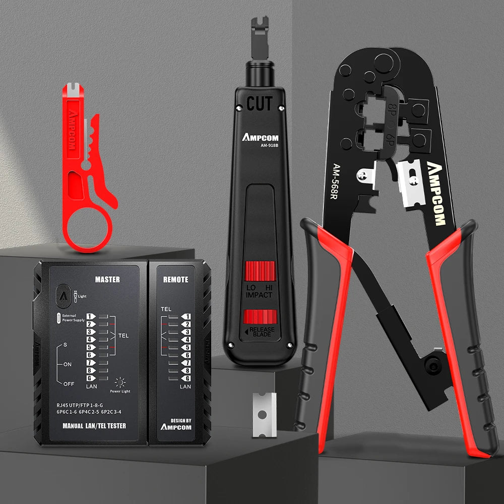 AMPCOM RJ45 Crimper Lan Tester Tool Set Ethernet Cable Stripper Punch Down Tool rj 45 rj11 Connectors 12 in 1 Cabling Repair Set