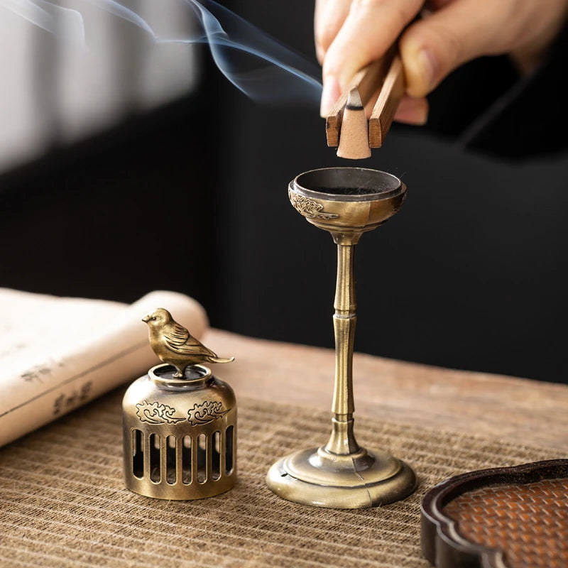 Copper Magpie Hollow Lamp Sandalwood Fragrance Censer Smoking Backflow Incense Holder Tea House Ornaments Study Room Home Decor
