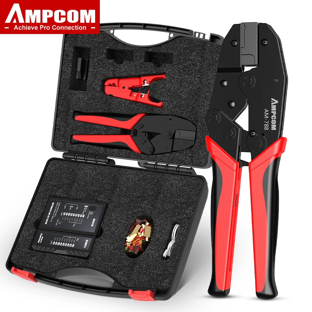 AMPCOM RJ45 Crimper Lan Tester Tool Set Ethernet Cable Stripper Punch Down Tool rj 45 rj11 Connectors 12 in 1 Cabling Repair Set