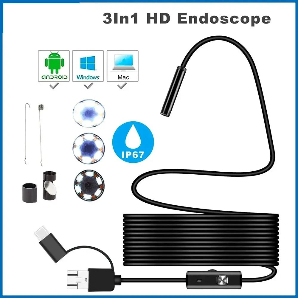 7MM Android Endoscope Camera 3 IN1 Micro USB Type C Borescope Mini Camera Waterproof LED Car Inspection For HUAWEI XIAOMI PC