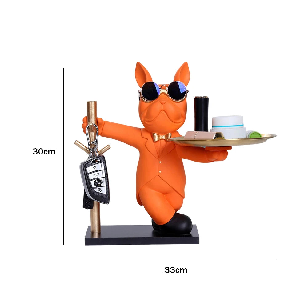 French Bulldog Sculpture Dog Statue Decorative Figurine Storage Metal Tray Coin Piggy Bank Entrance Key Snack Holder
