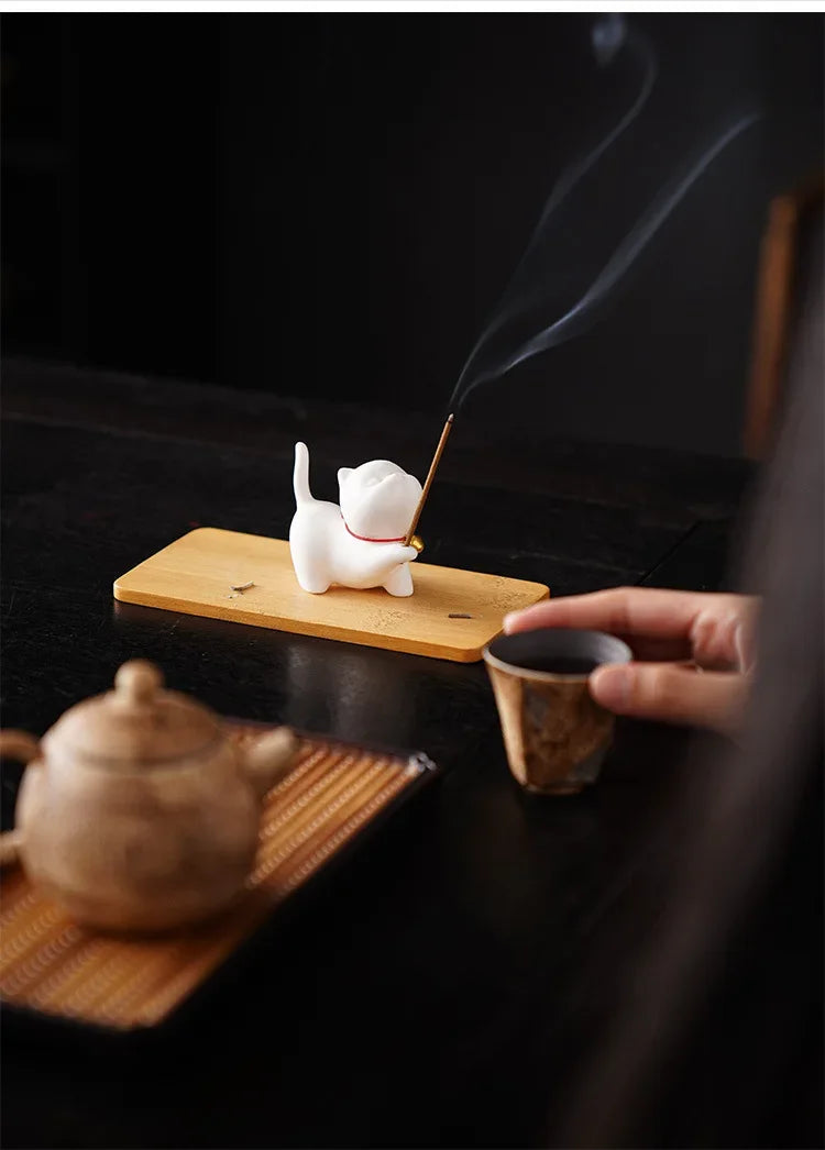 Cute Cat Buddhism Line Incense Plate Incense Burner Stick Holder Sandalwood Coil Base Temples Yoga Studios Home Decoration
