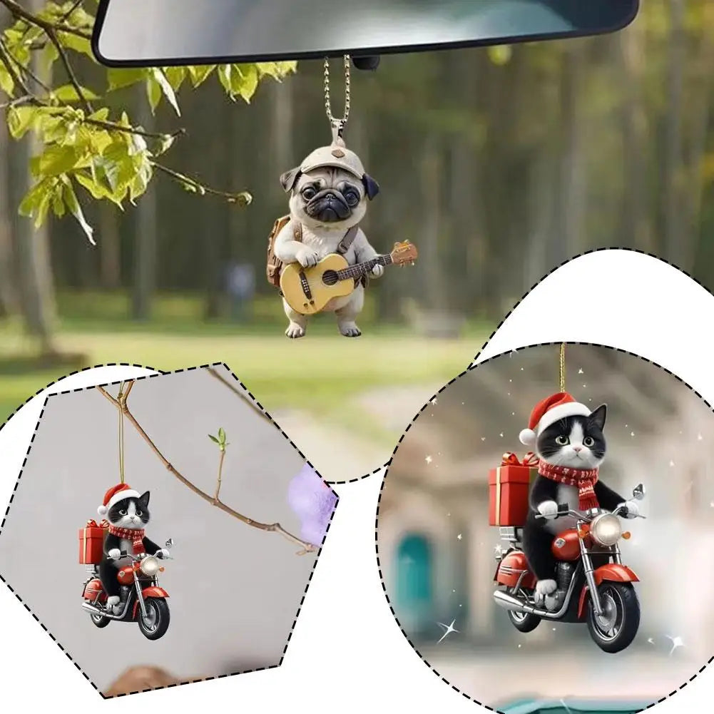 Motorcycle Cat Acrylic Hanging Decoration Christmas Tree Car 2D Flat Riding Kitten Hanging Ornament Cartoon Pendant For Christma