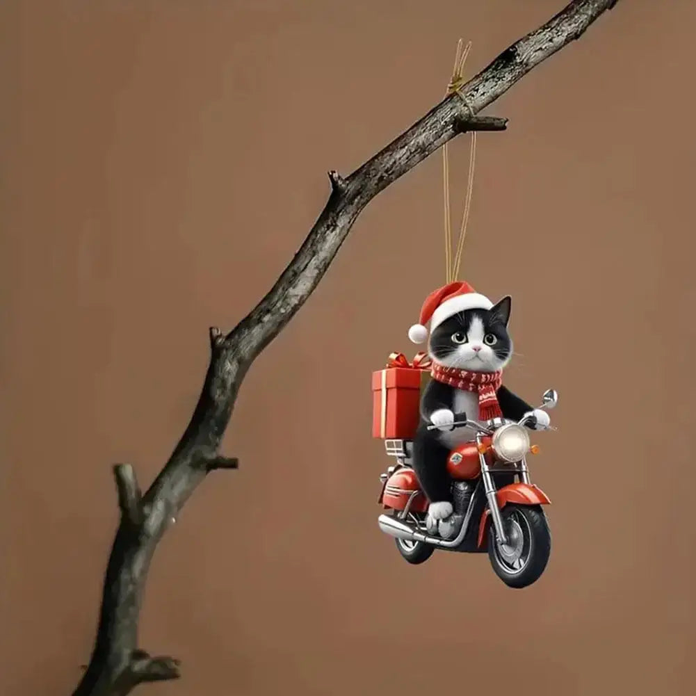 Motorcycle Cat Acrylic Hanging Decoration Christmas Tree Car 2D Flat Riding Kitten Hanging Ornament Cartoon Pendant For Christma