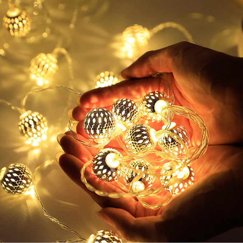 LED Iron Moroccan Ball Lamp String, Battery Lamp String, White Yellow Color, Christmas Decoration Supplies