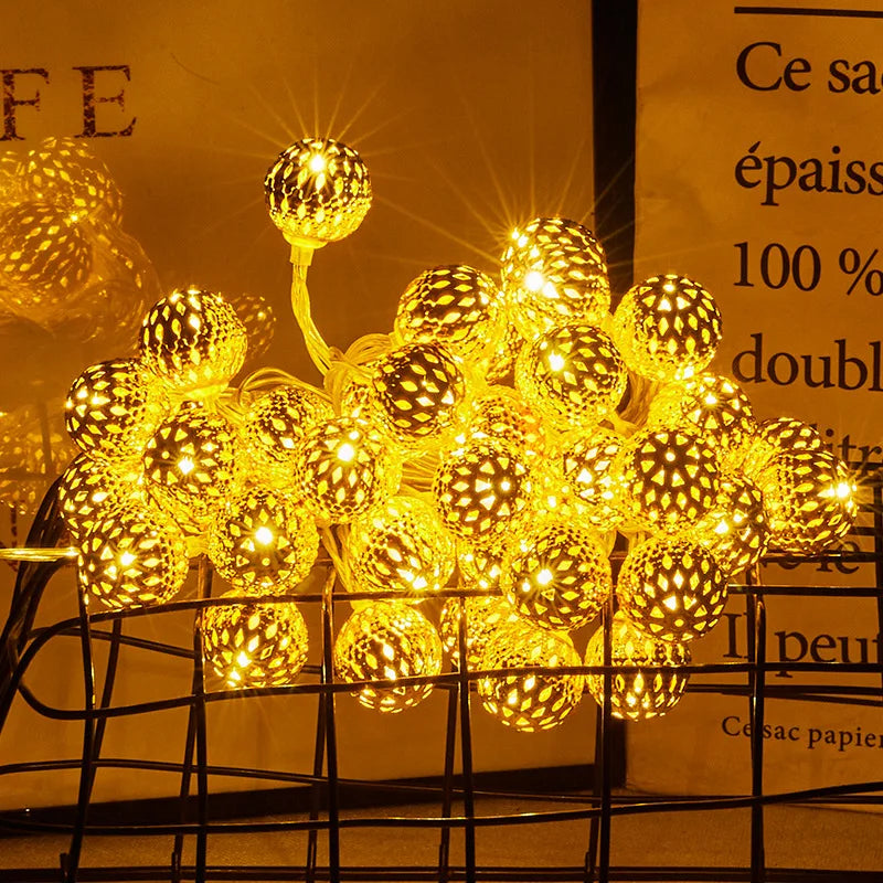 LED Iron Moroccan Ball Lamp String, Battery Lamp String, White Yellow Color, Christmas Decoration Supplies