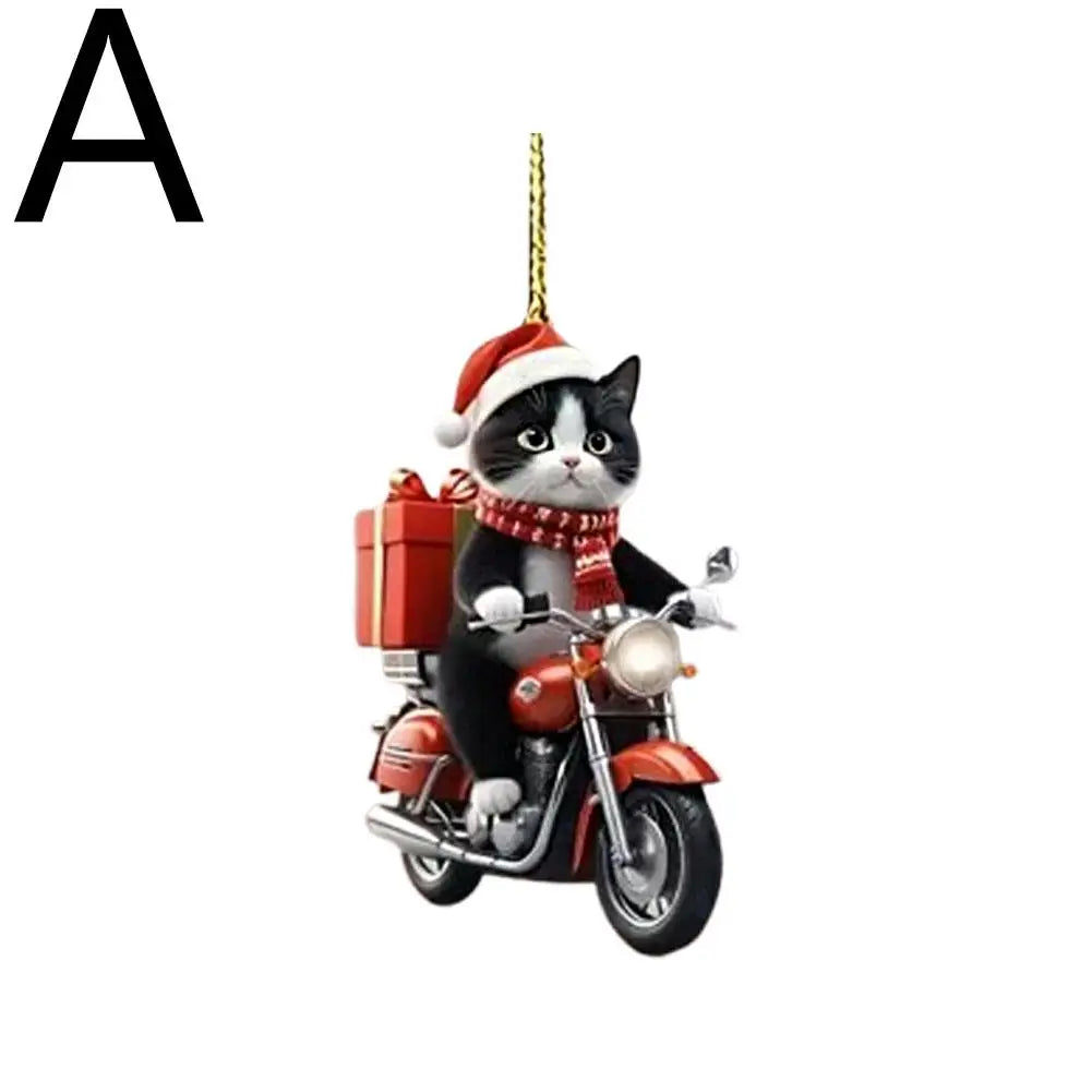 Motorcycle Cat Acrylic Hanging Decoration Christmas Tree Car 2D Flat Riding Kitten Hanging Ornament Cartoon Pendant For Christma