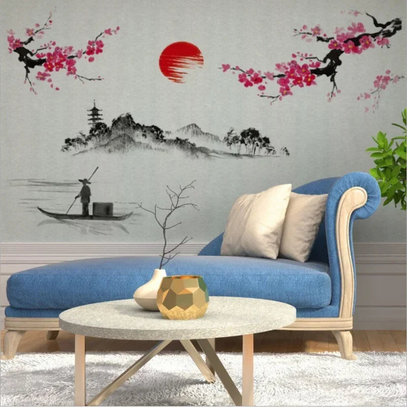 Chinese Style Sakura Japanese Pink Cherry Blossom Tree Decoration Mural Decals Wall Sticker Poster Wallpaper Decor.