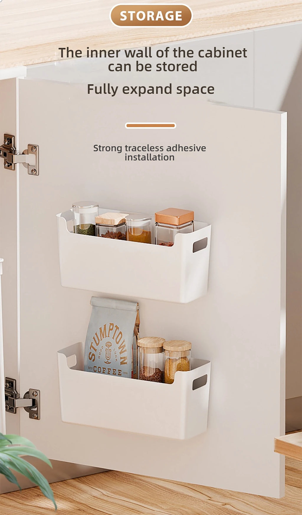 Minimalist White PP Wall-Mounted Storage Box - Self-Adhesive Cabinet Door Organizer for Kitchen, Space Saving Design (No Tools）
